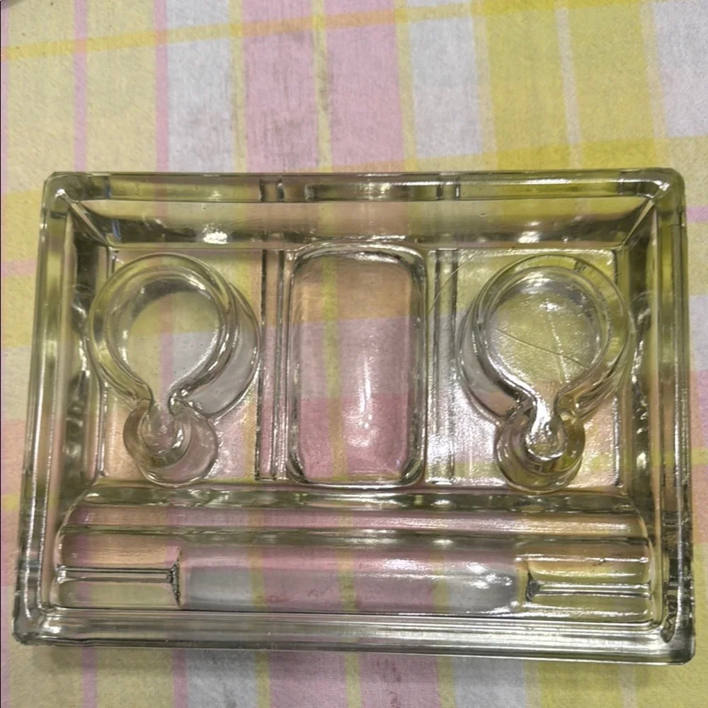 VINTAGE DOUBLE CLEAR PRESSED GLASS DESKTOP INKWELL PEN HOLDER (Early 1900s)